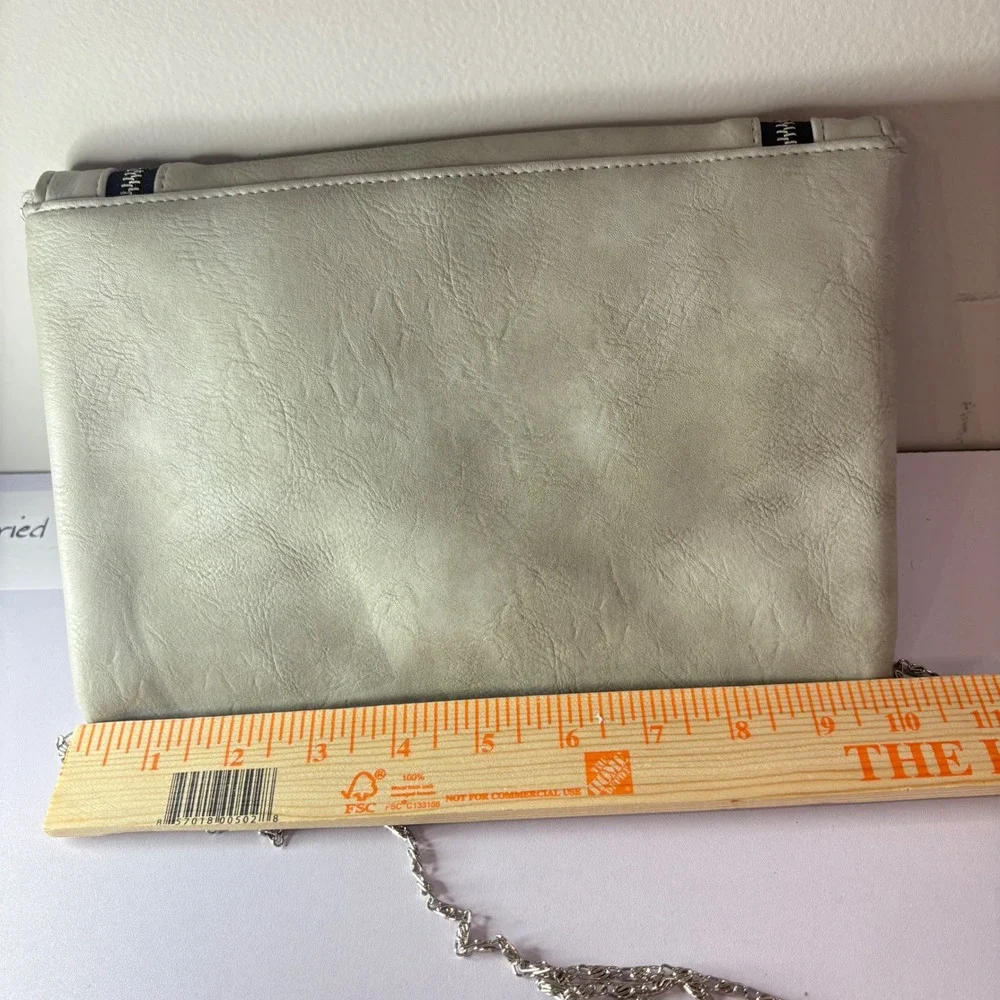 Greige Faux Leather Foldover Clutch Bag with Silver Chain Strap and Zippers
